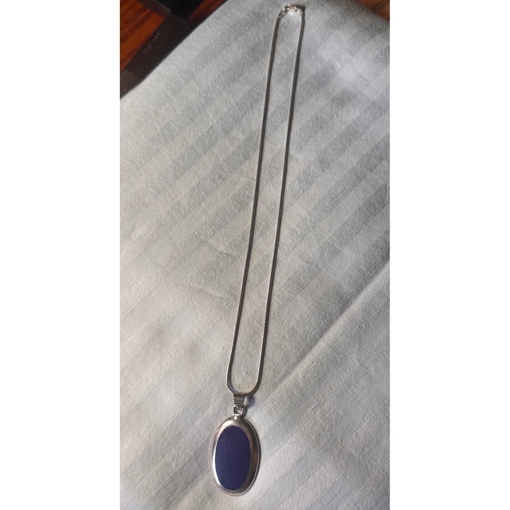 Vintage Sterling Silver Lapis Lazuli Oval Pendant Snake Chain Necklace Thailand